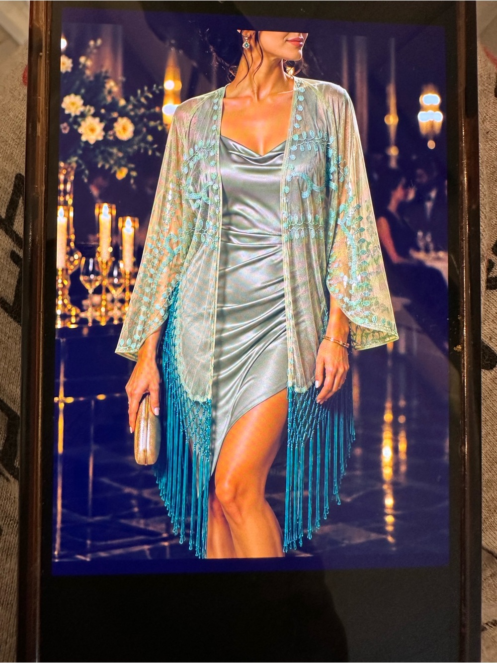 Elegant silk Teal Fringe Kimono - Chic Layering Wrap